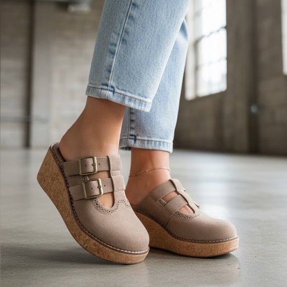 NIB Pierre Dumas Vegan Suede Close Toes Boho Mules Clog Wedge Heel Shoes Taupe - Picture 6 of 8